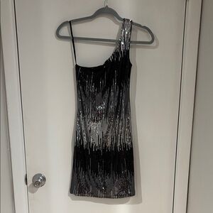 One-Shoulder Black and Silver Sequin Dress